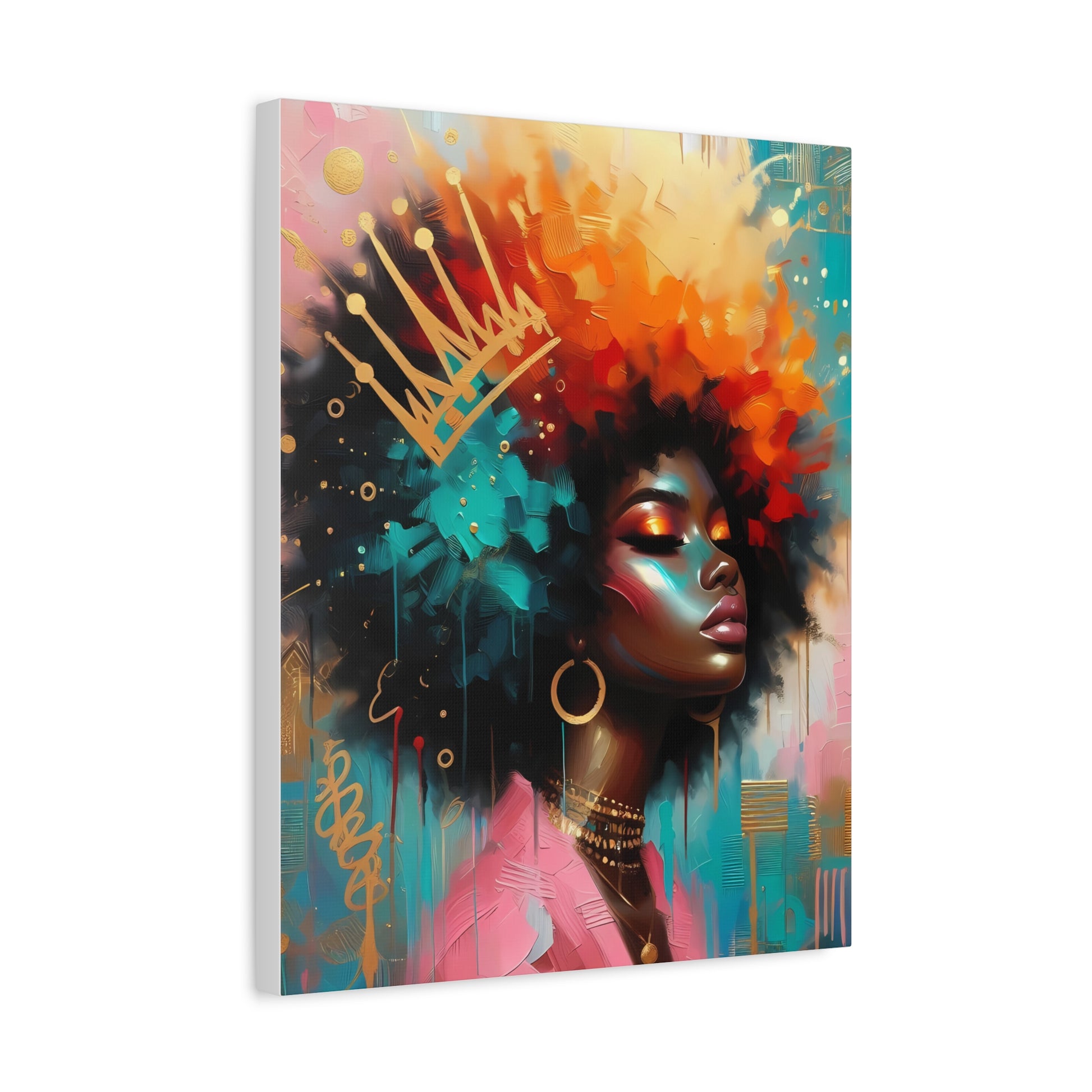Vibrant Afro Queen Portrait with Gold Crown Canvas Wall Art