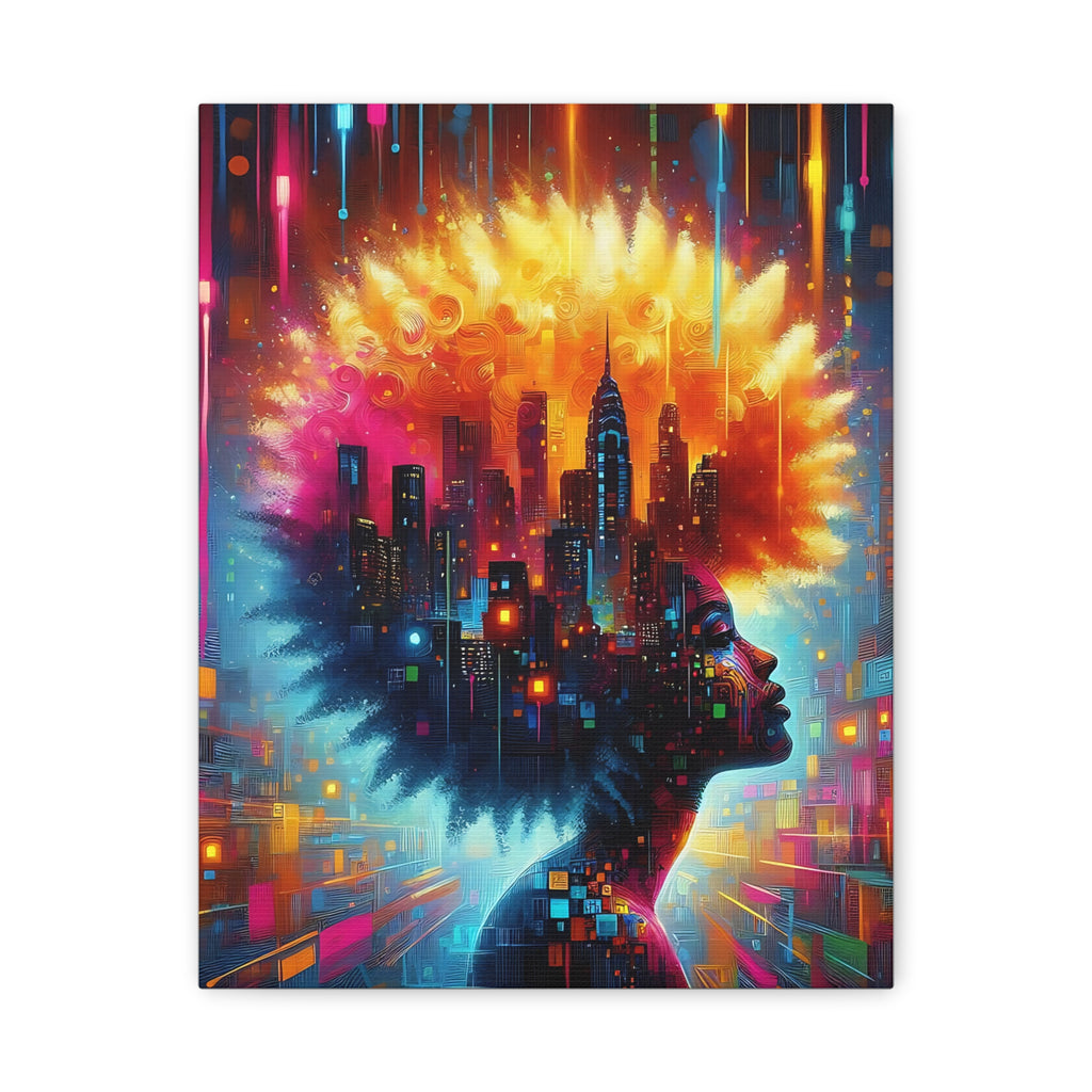 Abstract Afro Cityscape Canvas Art — Vibrant Woman Profile Wall Decor