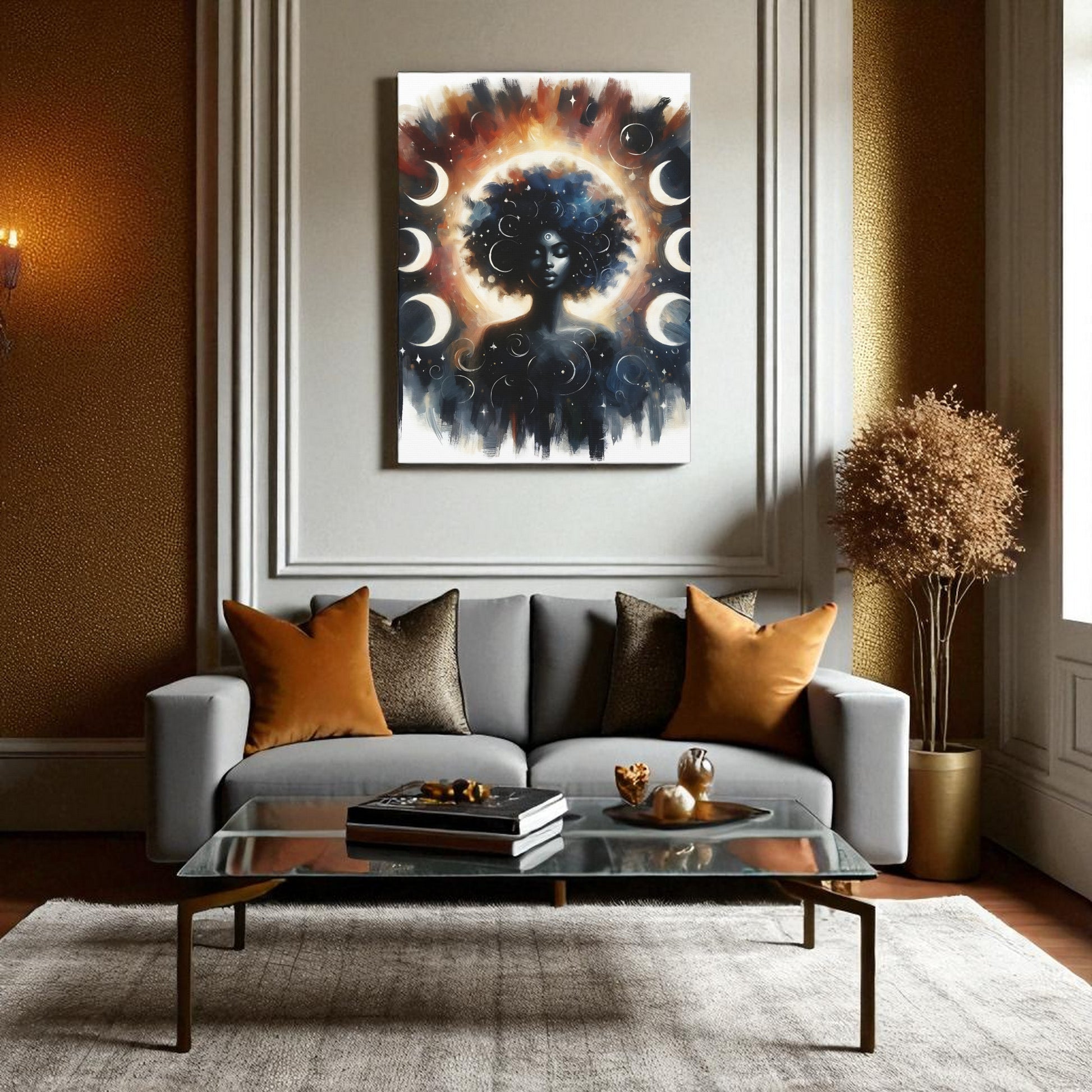 Cosmic Woman Wall Art, Spiritual Canvas, Boho Home Decor, Moon Phases Artwork, Gift for Astrology Lovers