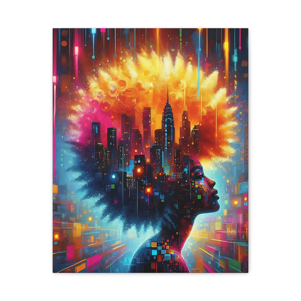 Abstract Afro Cityscape Canvas Art — Vibrant Woman Profile Wall Decor