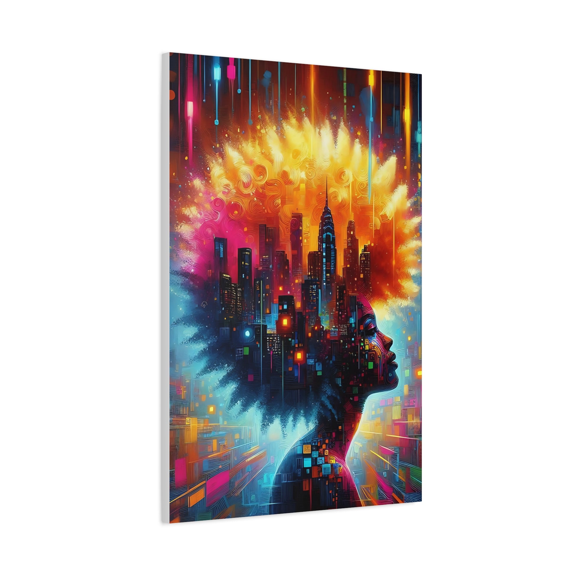 Abstract Afro Cityscape Canvas Art — Vibrant Woman Profile Wall Decor
