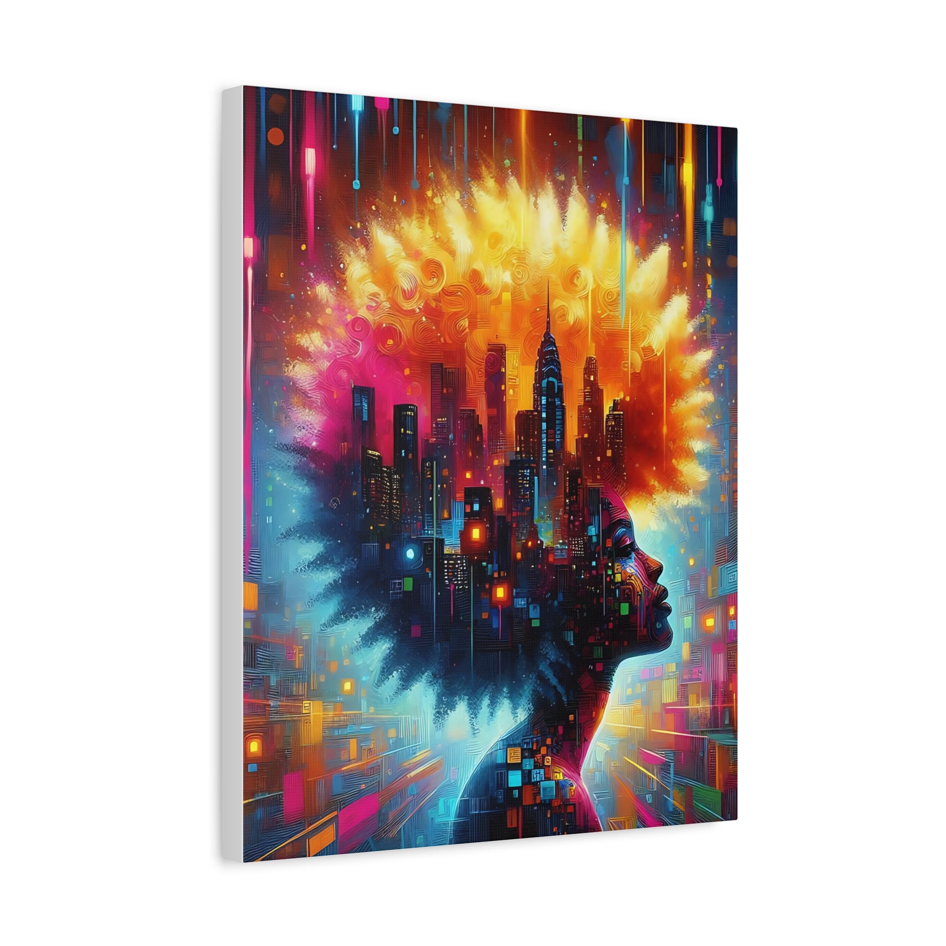 Abstract Afro Cityscape Canvas Art — Vibrant Woman Profile Wall Decor