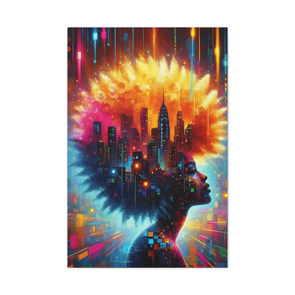 Abstract Afro Cityscape Canvas Art — Vibrant Woman Profile Wall Decor