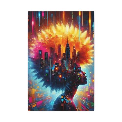 Abstract Afro Cityscape Canvas Art — Vibrant Woman Profile Wall Decor